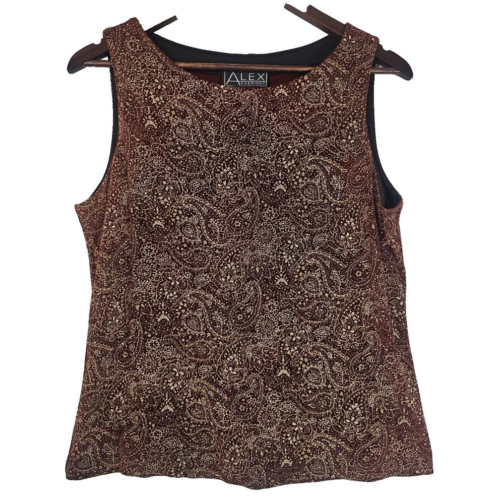 Alex Evenings Brown & Gold Paisley Sleeveless Top Size XL Boho Mature Events